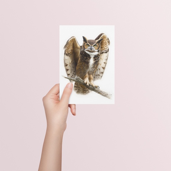 Watercolor Great Horned Owl Portrait Wall Art Print, Unframed - Woodland - Picture 5 of 6